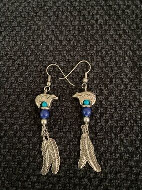 Silver Tone Bear & Feather Dangle Earrings with Turquoise and Blue Beads
